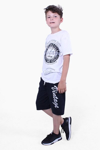 FYK COLLECTİON Vintage 95 Summer Printed Boy's Summer Top-to-Bottom Λευκό Σετ