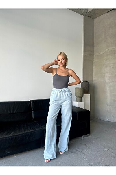 Somut istanbul Λινό παντελόνι Palazzo με κορδόνια και τσέπες - Φαρδιά εφαρμογή