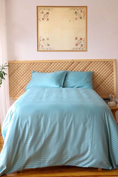 Tekstil Home مجموعة غطاء لحاف من الساتان المخطط مقاس 5 نجوم من نوع فندق فاخر بحجم كينغ مقاس 180 × 200. شرشف مثبت باللون الفيروزي