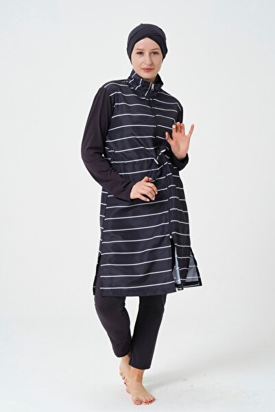 myfirstsea Kadın Çizgili Tam Tesettür Mayo Taytlı Boneli 3 Parça Set Tam Tesettür Mayo