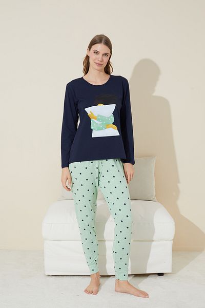 Siyah İnci Navy Blue Printed Cotton Knitted Pajamas Set 24240130