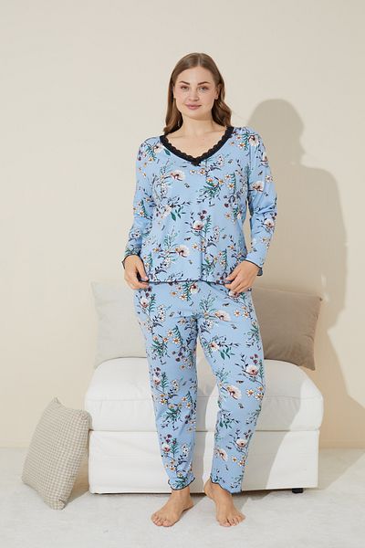 Siyah İnci Set de pijamale curbate din bumbac cu model de flori albastre de marime plus - 24240622