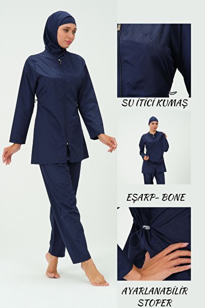 myfirstsea Kadın Düz Renk Tesettür Mayo Pantolon Bone Eşarp Tunik Tam Set 4 P...