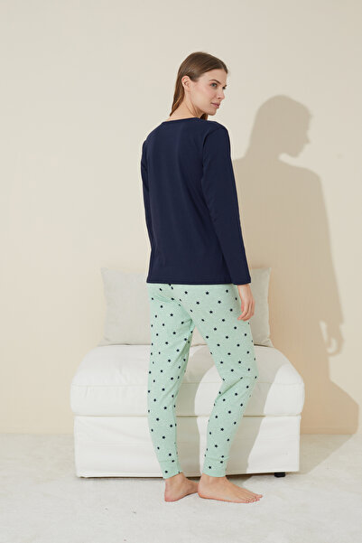 Siyah İnci Синій принт Бавовняний трикотажний піжамний комплект 24240130