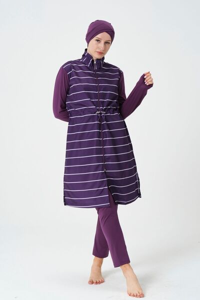 myfirstsea Kadın Çizgili Tam Tesettür Mayo Taytlı Boneli 3 Parça Set Tam Tesettür Mayo