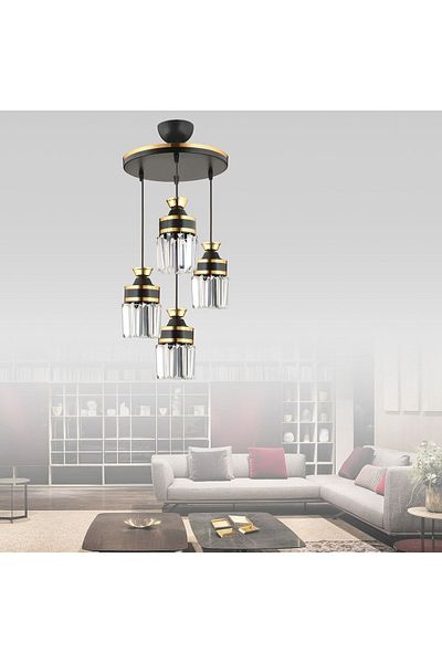 Kraliçe Nairobi - 4-Piece Black Crystal Stone and Yellow Stripe Cylinder Luxury Chandelier Set