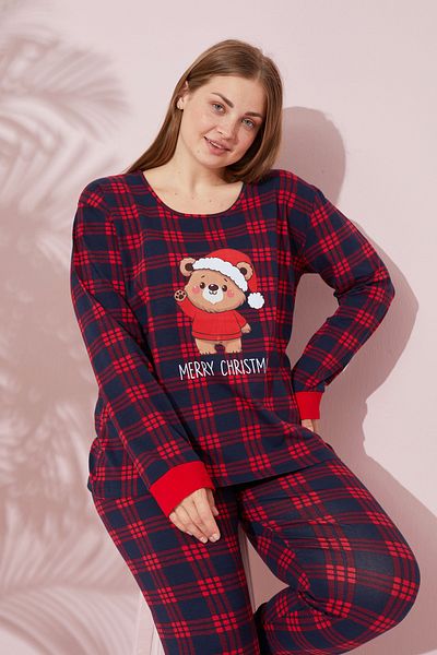 Siyah İnci Plus Size Red Curve Cotton Pajama Set - 24240723