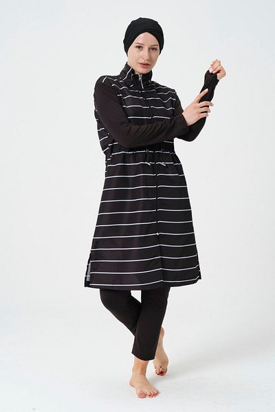 myfirstsea Women's Striped Full Hijab Swimsuit with Tights Boneli 3 Piece Set Full Hijab Swimsuit