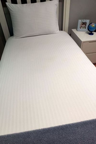 Tekstil Home Luxury Hotel Series White Striped Cotton Satin Elastic Fitted Bed Sheets for Single & Double