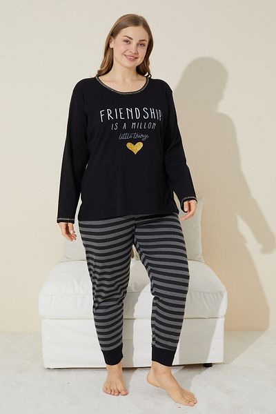 Siyah İnci Set de pijamale curbate din bumbac cu imprimeu negru de marime plus - 24240674