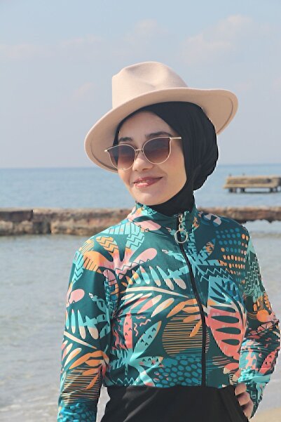 HOTEPS سترة نسائية سوداء منقوشة بسحاب - غطاء محرك السيارة مغلق، ملابس سباحة ح...