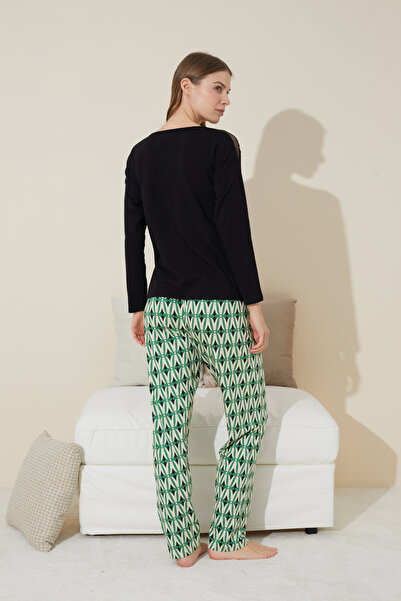 Siyah İnci Set pijama neagră cu dantelă din bumbac - 24240112