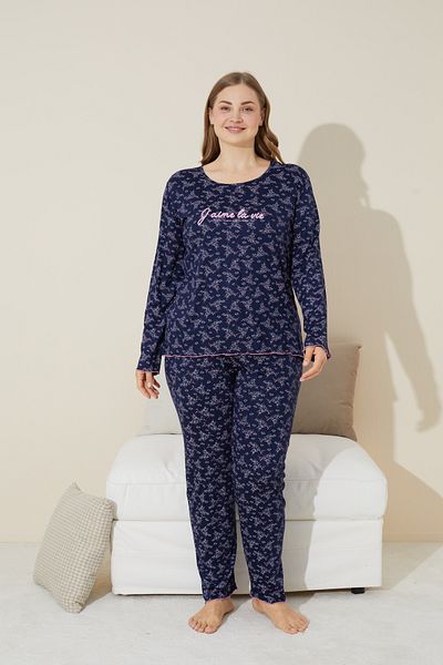 Siyah İnci Plus Size Navy Blue Floral Patterned Cotton Curve Pajamas Set - 24240652