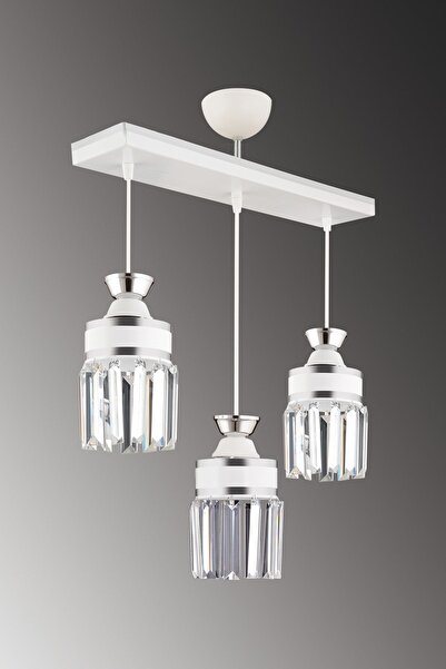 Genel Markalar Nairobi 3'Lü Beyaz Sıralı Sarkıt Tepsi Kristal Taşlı Krom Şeritli Silindir Lüks Avize