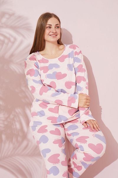 Siyah İnci Plus Size Pink Stay Patterned Cotton Curve Pajama Set - 24240718