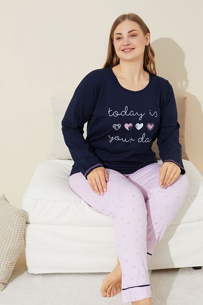 Siyah İnci Plus Size Navy Blue Curve Pajama Set - Cotton, Oversize, Knitted 24240646