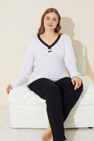 Siyah İnci Plus Size White Point Patterned Cotton Curve Pajama Set - 24240654