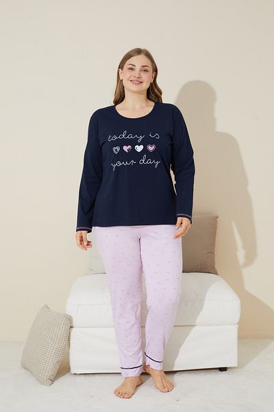 Siyah İnci Plus Size Navy Blue Curve Pajama Set - Cotton, Oversize, Knitted 24240646