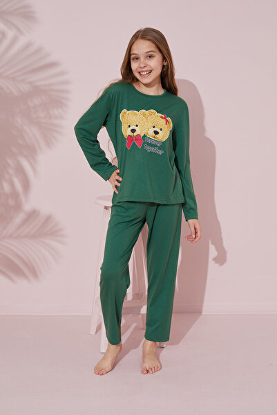Siyah İnci Cotton Green Printed Pajama Set - 24241068