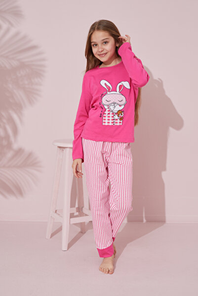 Siyah İnci fuşya baskılı Pamuklu Örme Pijama Takım 24241061