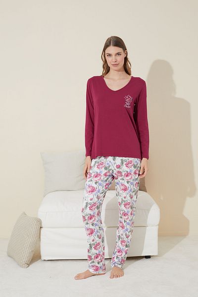 Siyah İnci Set pijamale din bumbac brodat roșu Claret - 24240104