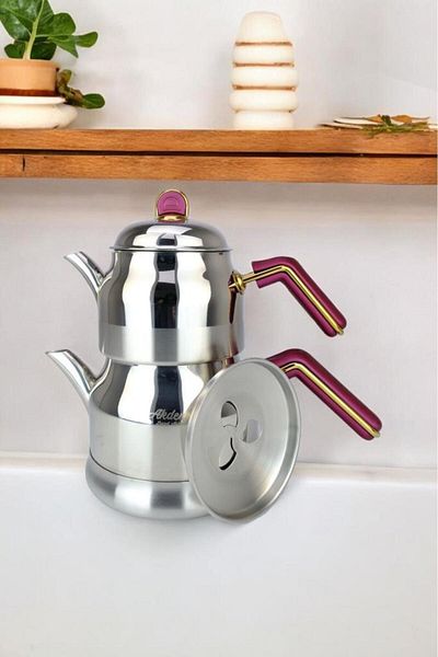Akdeniz Chubby Elite - 2.6 Lt Stainless Steel Medium Size Teapot with Cherry, Bakelite Handle