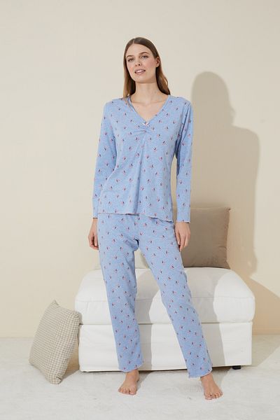 Siyah İnci Set de pijamale din bumbac albastru cu modele florale - 24240117