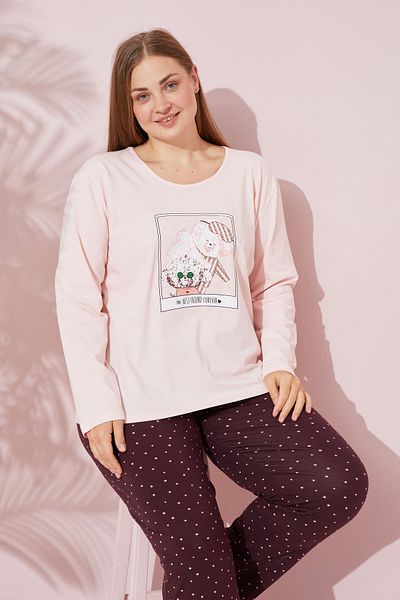 Siyah İnci Large Size Oversize Cotton Curve Pajama Set - Salmon Printed 24240698