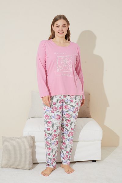 Siyah İnci Set de pijamale cu curbe din bumbac cu imprimeu roz de marime plus - 24240614