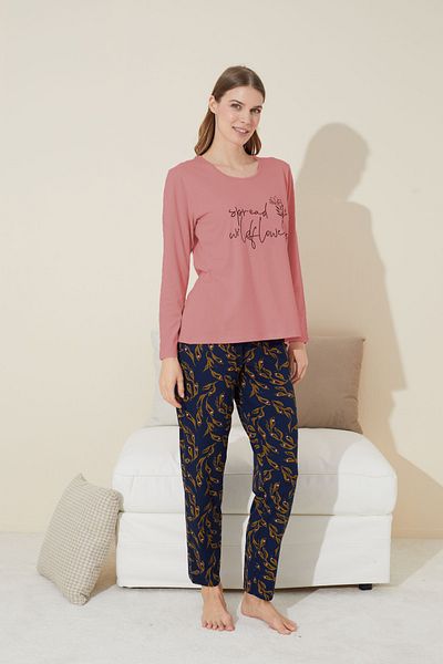Siyah İnci Cotton Dark Salmon Knitted Pajama Set - 24240121