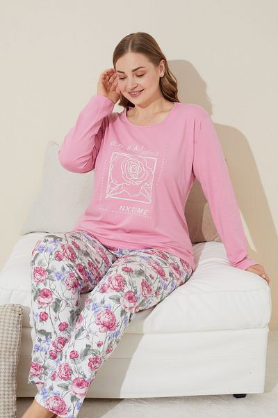 Siyah İnci Set de pijamale cu curbe din bumbac cu imprimeu roz de marime plus - 24240614