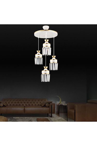 Kraliçe Nairobi 4-Piece White Crystal Stone - Luxury Chandelier Cylinder with Yellow Stripe