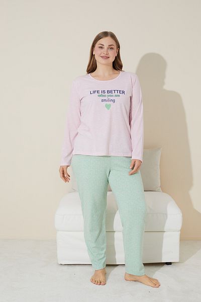 Siyah İnci Σετ πιτζάμες Plus Size Pink Melange Cotton Curve - King Size 24240669
