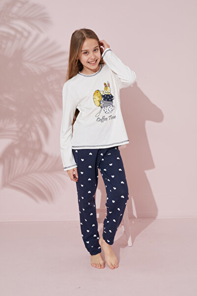 Siyah İnci ekru baskılı Pamuklu Örme Pijama Takım 24241107