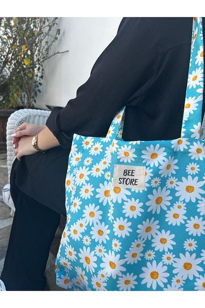 bee store Țesătură cu guss pentru femei Blue Daisy, geantă de mână și de umăr din pânză