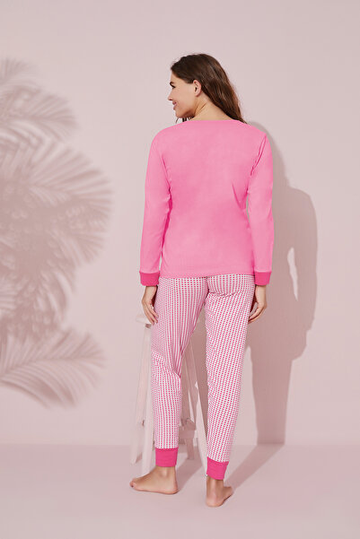 Siyah İnci pembe baskılı Pamuklu Örme Pijama Takım 24241071