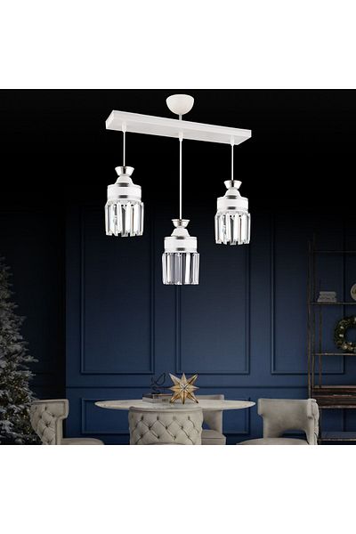 Kraliçe Nairobi 3-Piece White Row - Crystal Stone Chrome Strip Cylinder Luxury Chandelier Set
