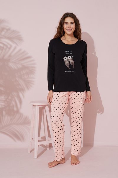 Siyah İnci Cotton Black Knitted Pajama Set - 24240153
