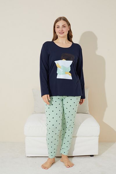 Siyah İnci Plus Size Navy Blue Curve Cotton Pajama Set - 24240637