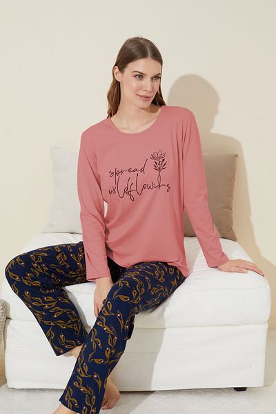 Siyah İnci Cotton Dark Salmon Knitted Pajama Set - 24240121