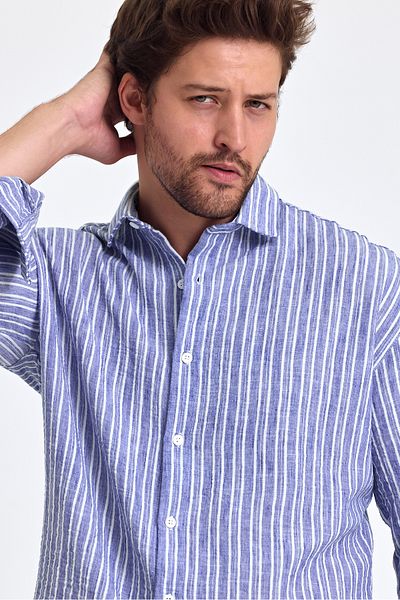 Tarz Cool Ανδρικό ριγέ πουκάμισο Classic Fit - Μακρυμάνικο, 100% Βαμβακερό λινό, Πτυσσόμενο μανίκι