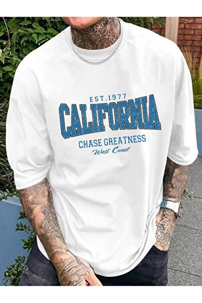 NO 601 Erkek Beyaz Est1977 California Baskı Oversize Tshirt