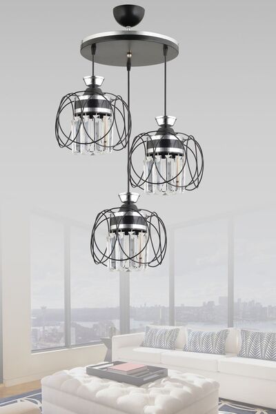 Genel Markalar Sarkıt Tepsi Siyah 3'lü Safir Krom Kristal Taşlı Lüks Avize