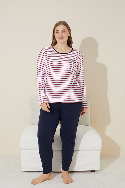 Siyah İnci Plus Size Red and White Striped Embroidered Cotton Curve Pajama Set - 24240638