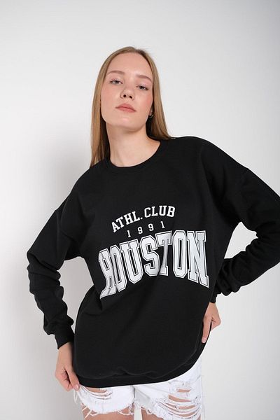 MODAGEN Hanorac oversize, negru, cu imprimeu Houston, pentru damă
