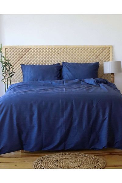 Tekstil Home Tip de hotel de lux - Set de husă de pilote din satin cu dungi supradimensionate, 180 x 200, albastru marin indigo elastic