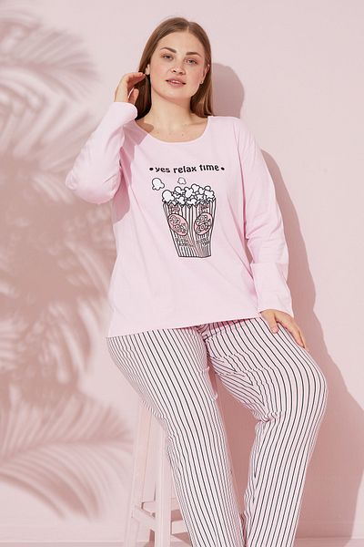 Siyah İnci Σετ Πιτζάμες Βαμβακερές Curve Plus Size - Ροζ εμπριμέ, King Size 24240683