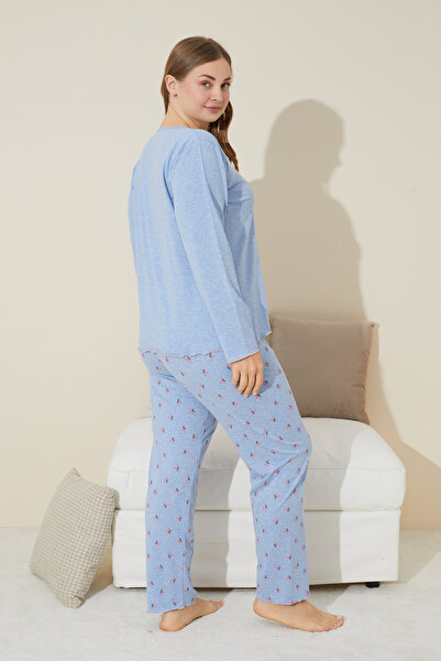 Siyah İnci Set de pijamale din bumbac cu imprimeu albastru de marimi mari - 24240650