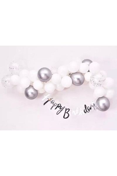 Deniz Party Store Happy Birthday Mini Chain Set - White, Silver Chrome and Transparent Balloon Pattern Calligraphy