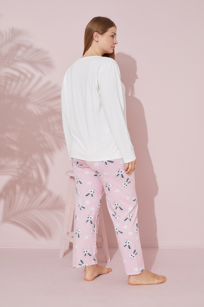 Siyah İnci Plus Size Ecru Printed Cotton Curve Pajama Set - 24240720